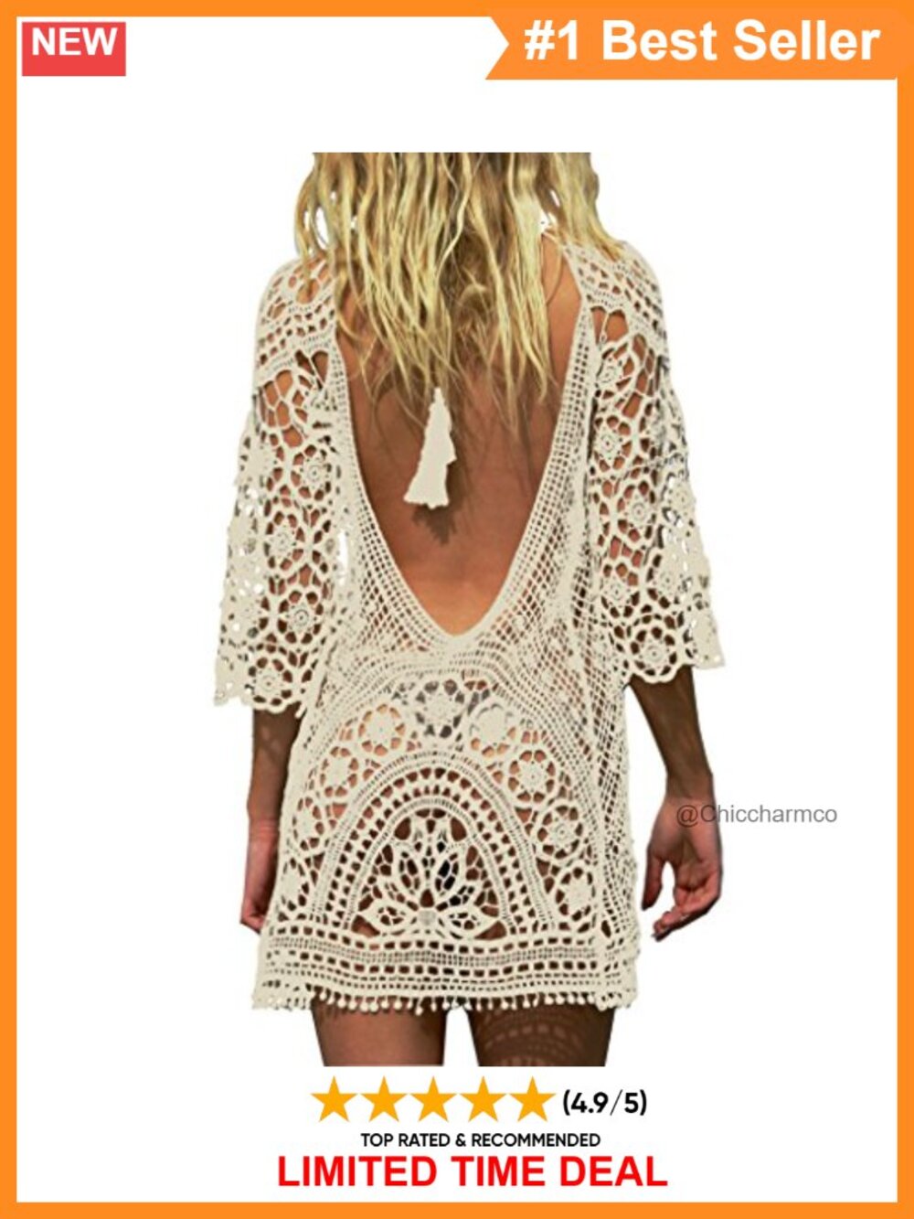 Crochet Lace Swimsuit Cover Up Dress Deep V-Back Flowy Sleeves Beach Pool